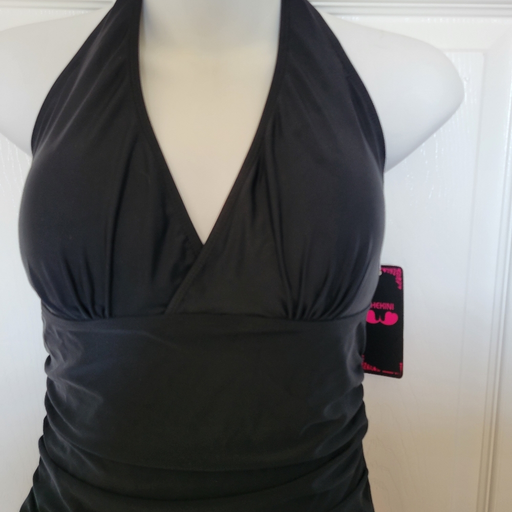 Shekini black halter ruched swimdress